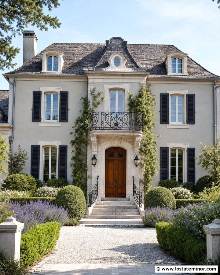 Dove Grey French Country House With Iron Railings - 30 Dove Grey House Design With Railings Ideas
