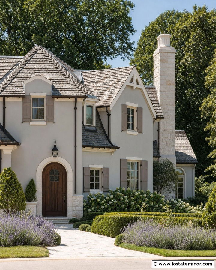 Dove Grey French Country House With Limestone Chimney - 30 Dove Grey House Design With Chimney Ideas