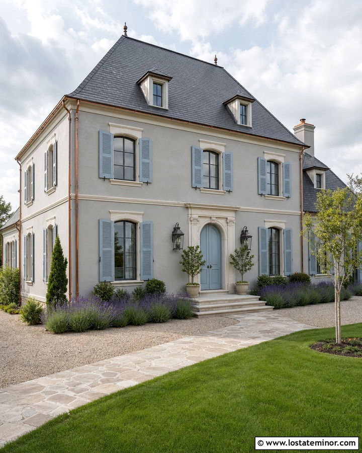 Dove Grey French Country House With Pale Blue Shutters - 30 Dove Grey House Design With Shutters Ideas