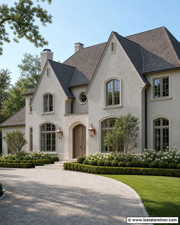 Dove Grey French Country House With Taupe Window Frames - 30 Dove Grey House Design With Window Frames Ideas