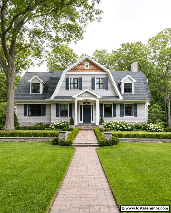 Dove Grey Gambrel House With Navy Window Frames - 30 Dove Grey House Design With Window Frames Ideas