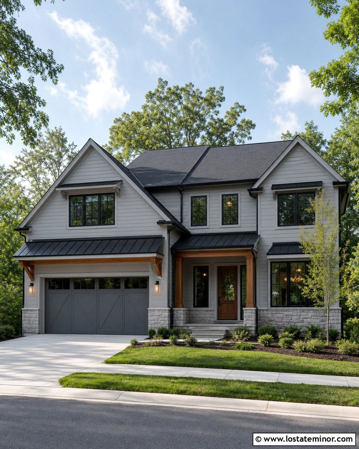 Dove Grey Garage House With Wide Awning - 30 Dove Grey House Design With Awning Ideas