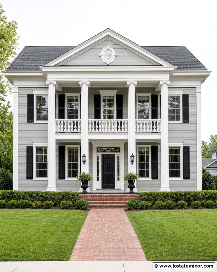 Dove Grey Greek Revival With White Balustrades - 30 Dove Grey House Design With Railings Ideas