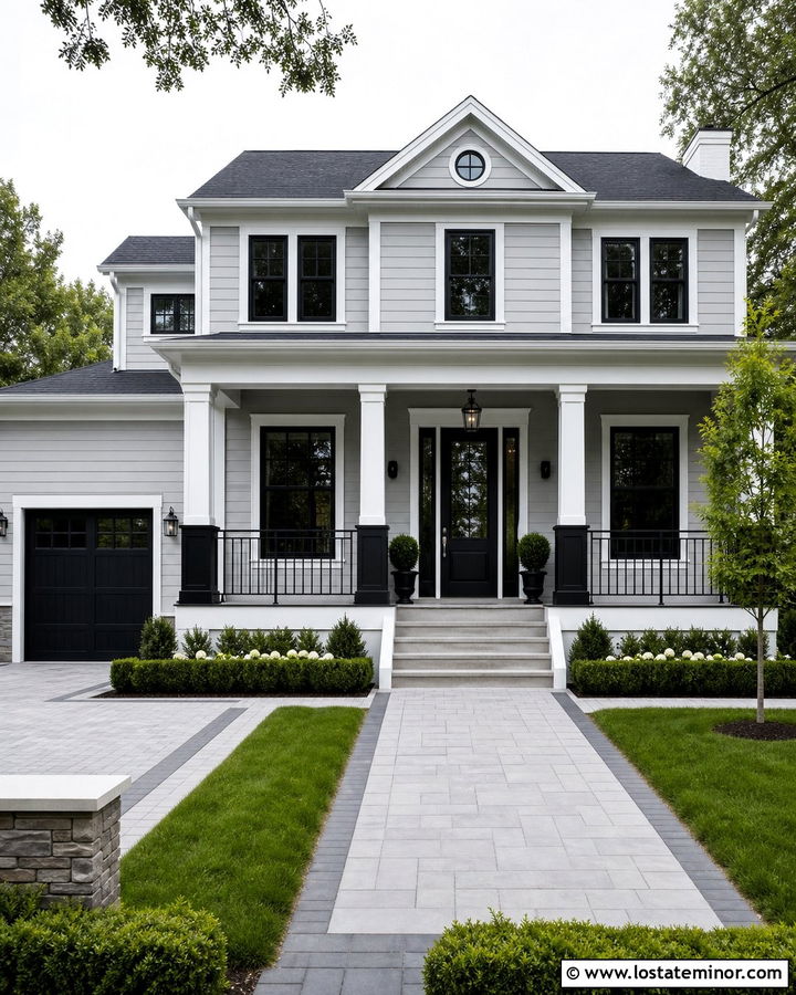 Dove Grey House With Black Column Bases - 30 Dove Grey House Design With Porch Columns Ideas