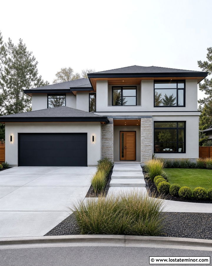Dove Grey House With Black Garage And Wood Entry - 30 Dove Grey House Design With Garage Door Ideas