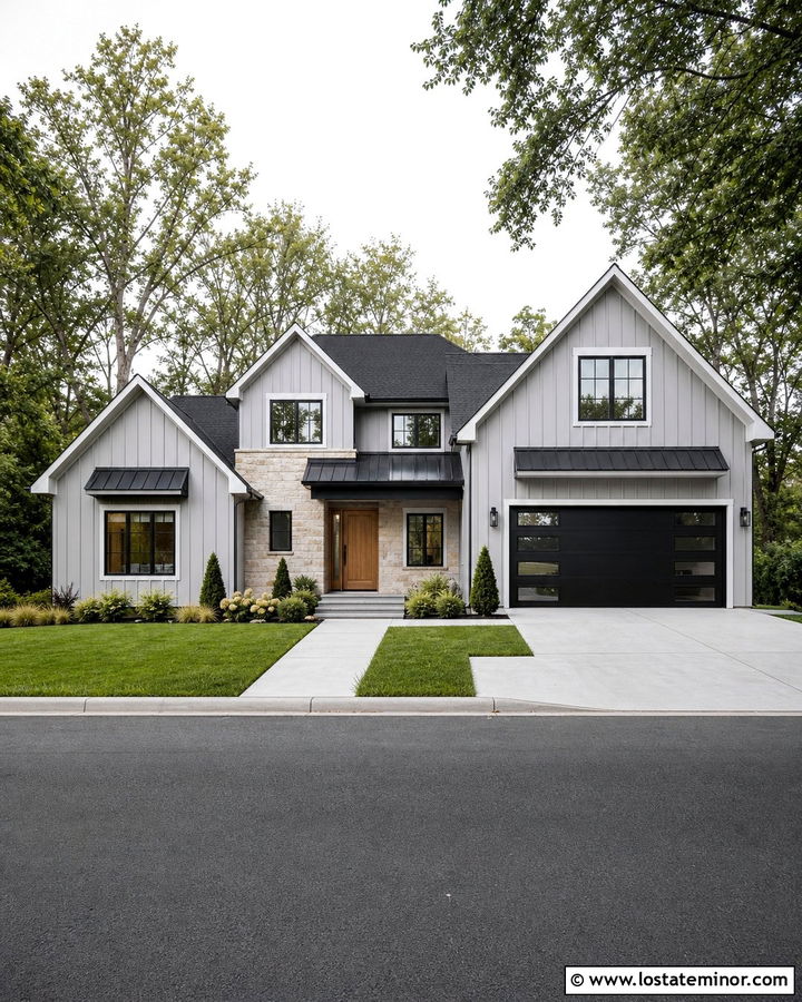 Dove Grey House With Black Garage Door - 30 Dove Grey House Design With Shingles Ideas