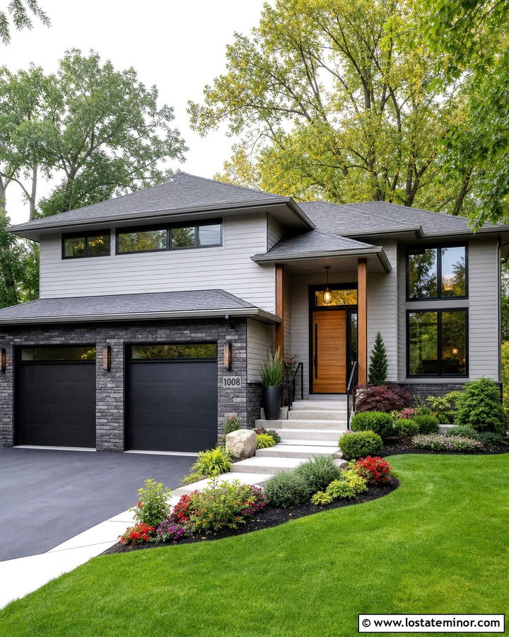 Dove Grey House With Black Garage Doors And Stone - 30 Dove Grey House Design With Stone Accents Ideas