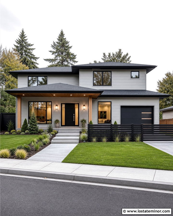 Dove Grey House With Black Horizontal Fence - 30 Dove Grey House Design With Fence Ideas