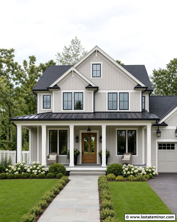 Dove Grey House With Black Metal Porch Roof - 30 Dove Grey House Design With Front Porch Ideas