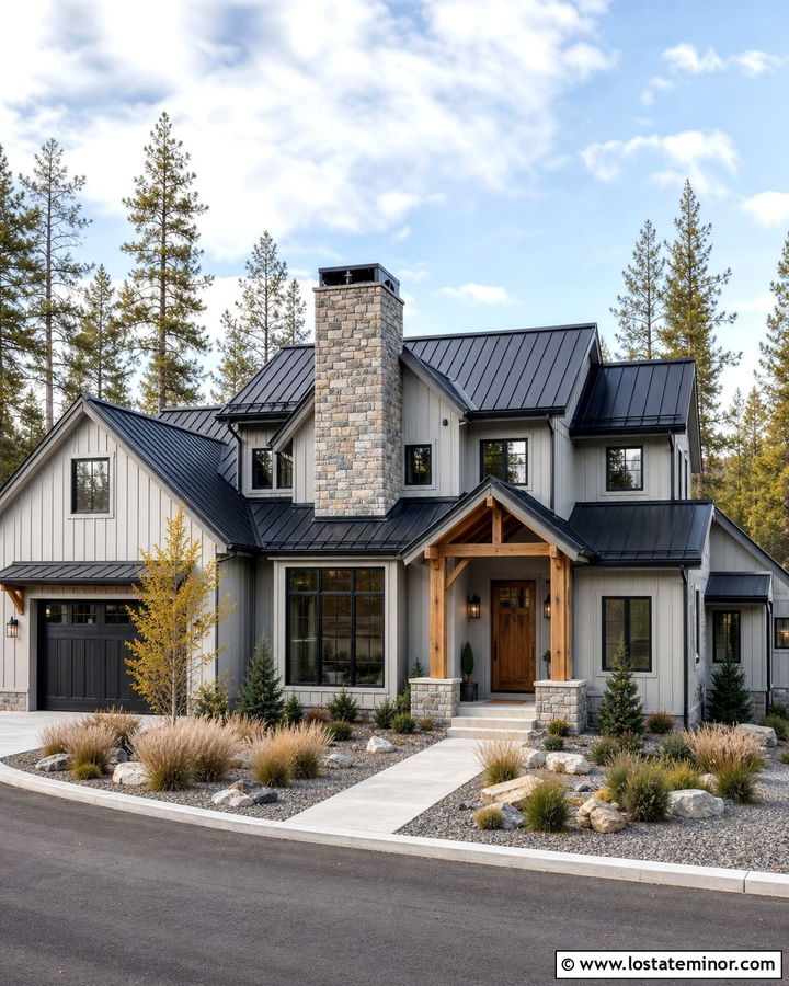Dove Grey House With Black Metal Roof And Stone Chimney - 30 Dove Grey House Design With Chimney Ideas
