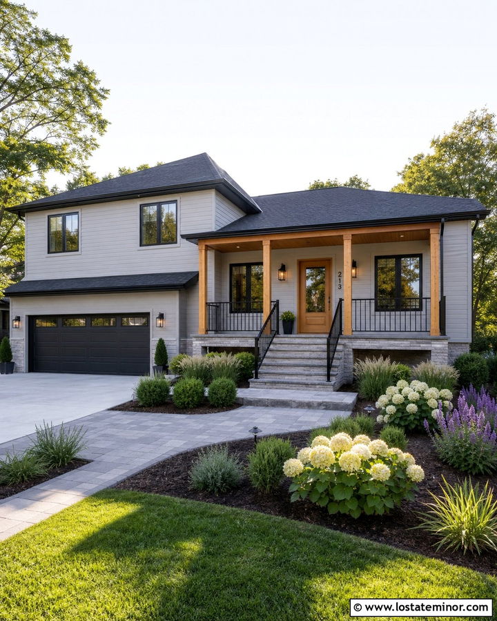 Dove Grey House With Black Railing Porch - 30 Dove Grey House Design With Front Porch Ideas
