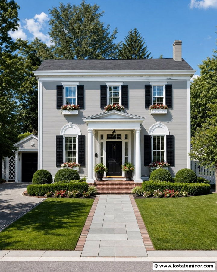 Dove Grey House With Black Shutters And White Window Boxes - 30 Dove Grey House Design With Window Boxes Ideas