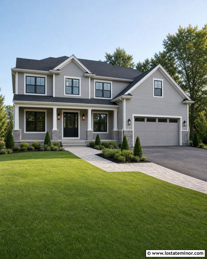 Dove Grey House With Black Storm Door And Garage - 30 Dove Grey House Design With Storm Door Ideas