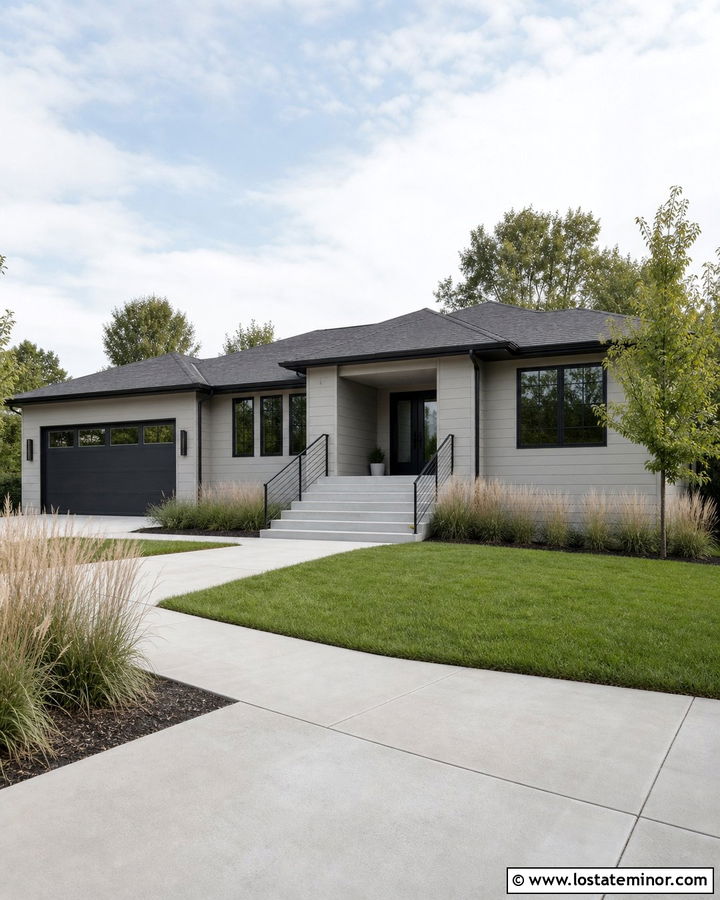 Dove Grey House With Black Trim And Concrete Steps - 30 Dove Grey House Design With Steps Ideas
