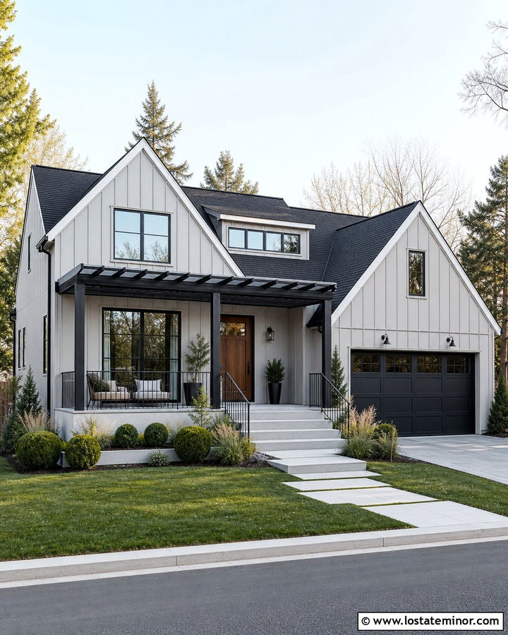 Dove Grey House With Black Windows And Pergola - 30 Dove Grey House Design With Pergola Ideas