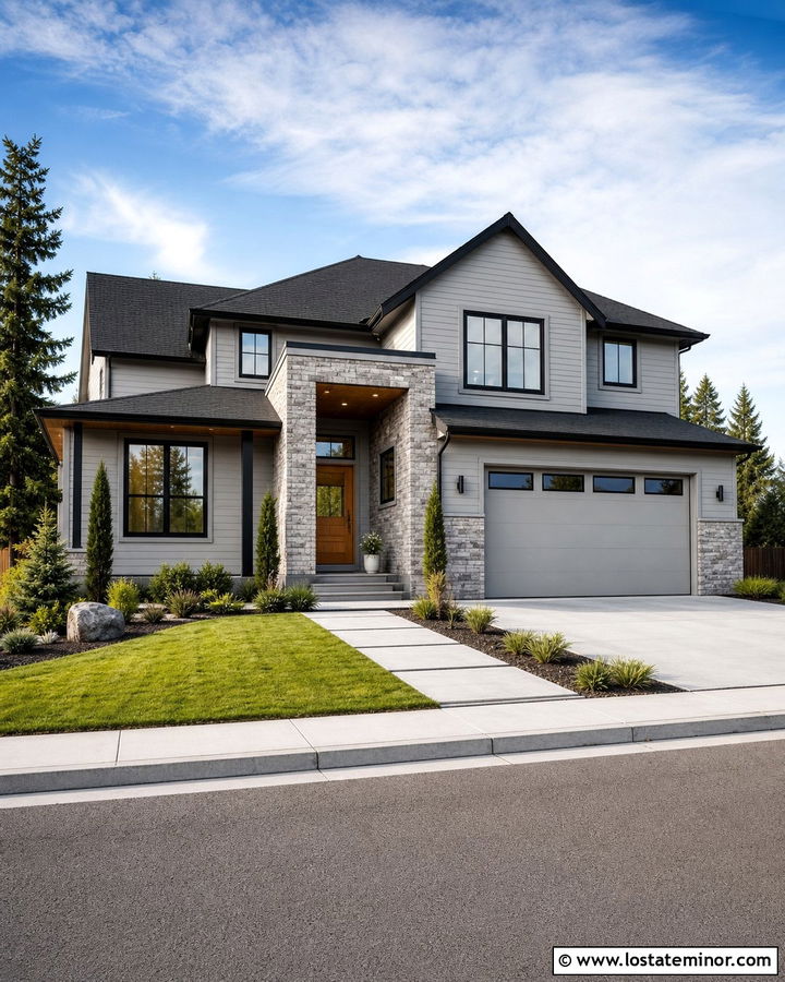 Dove Grey House With Black Windows And Stone - 30 Dove Grey House Design With Stone Accents Ideas