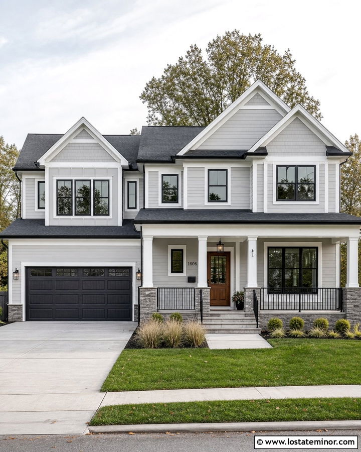 Dove Grey House With Black Windows And White Trim - 30 Dove Grey House Design With Trim Ideas