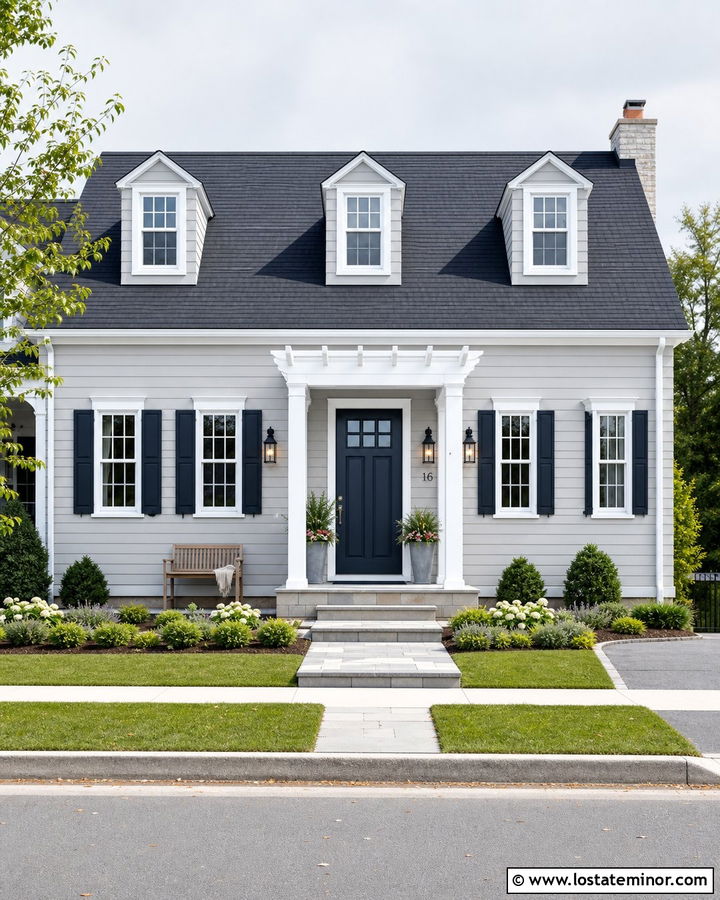 Dove Grey House With Blue Front Door Pergola - 30 Dove Grey House Design With Pergola Ideas