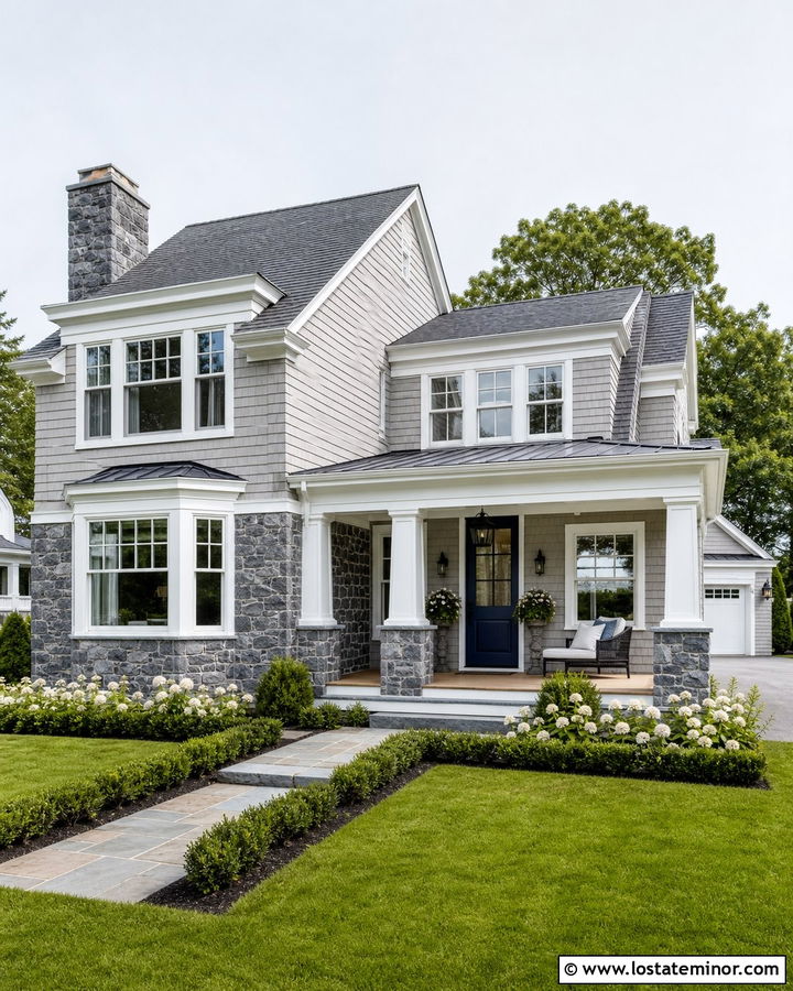 Dove Grey House With Blue Gray Stone - 30 Dove Grey House Design With Stone Accents Ideas