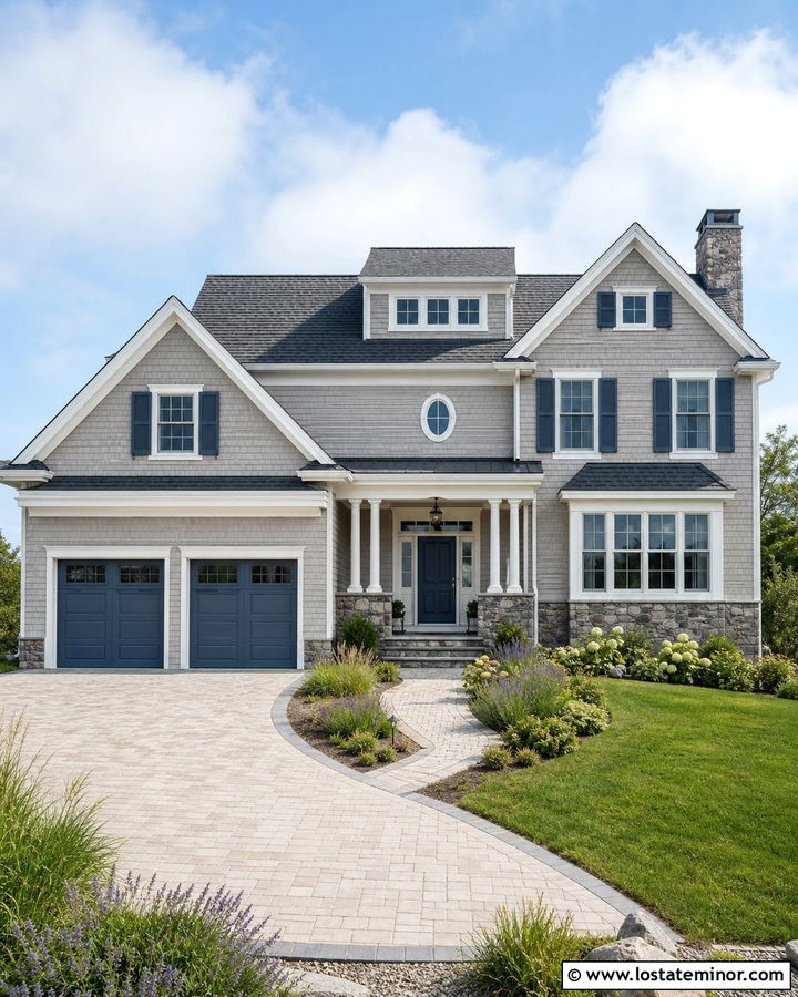 Dove Grey House With Blue Grey Garage Door - 30 Dove Grey House Design With Garage Door Ideas