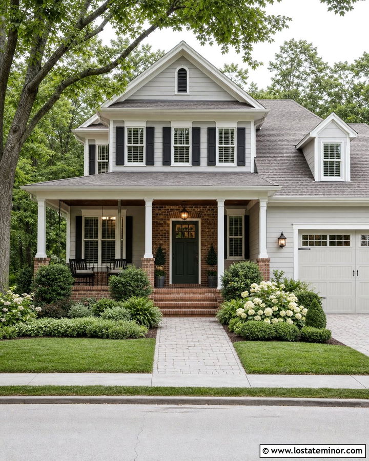 Dove Grey House With Brick And Green Door - 30 Dove Grey House Design With Brick Accents Ideas