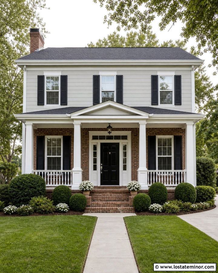Dove Grey House With Brick And White Porch Columns - 30 Dove Grey House Design With Porch Columns Ideas