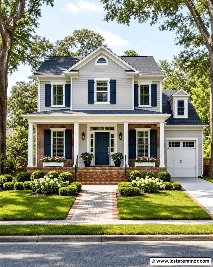 Dove Grey House With Brick And White Trim - 30 Dove Grey House Design With Brick Accents Ideas