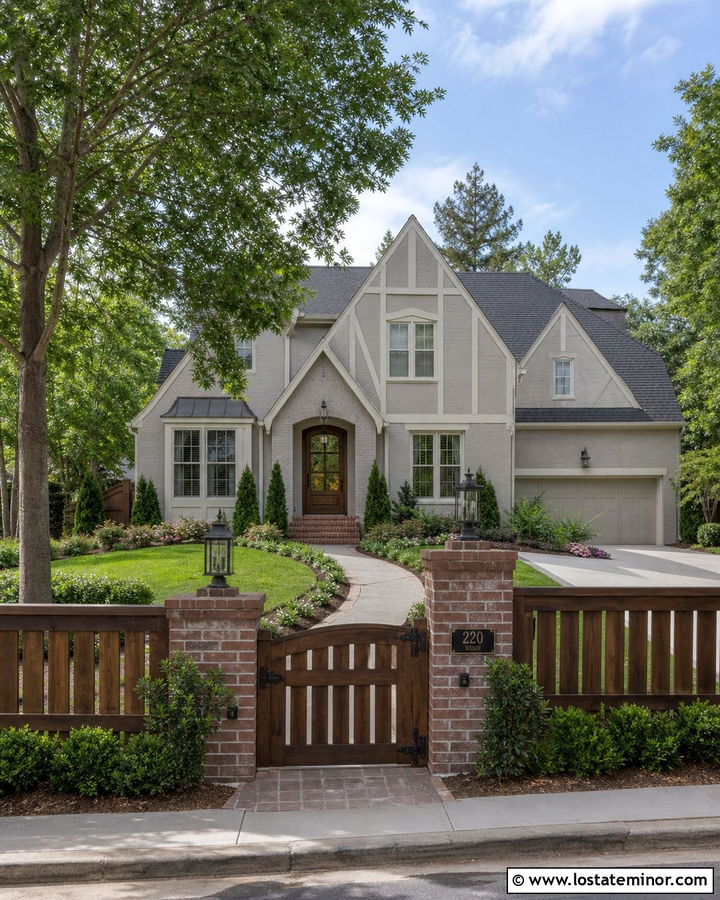 Dove Grey House With Brick And Wood Fence - 30 Dove Grey House Design With Fence Ideas
