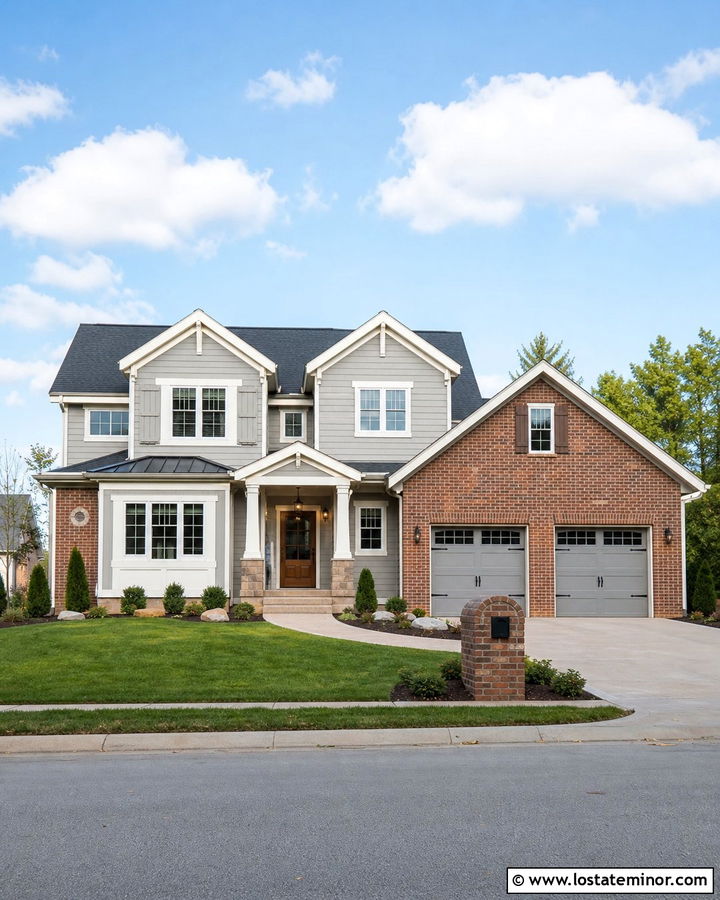 Dove Grey House With Brick Garage - 30 Dove Grey House Design With Brick Accents Ideas