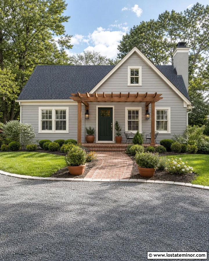 Dove Grey House With Brick Patio Pergola - 30 Dove Grey House Design With Pergola Ideas