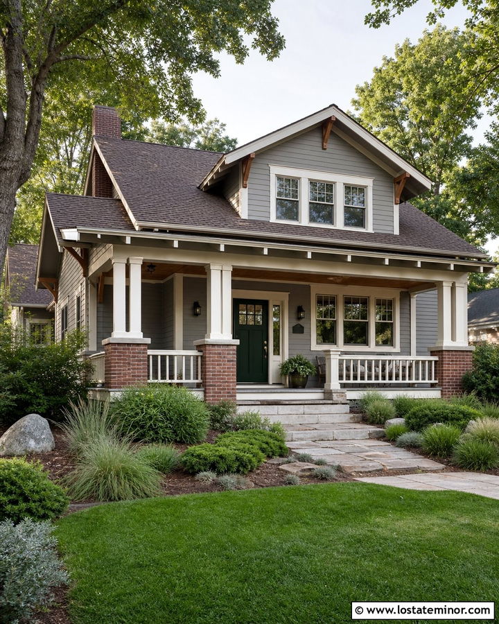 Dove Grey House With Brick Porch Columns - 30 Dove Grey House Design With Brick Accents Ideas