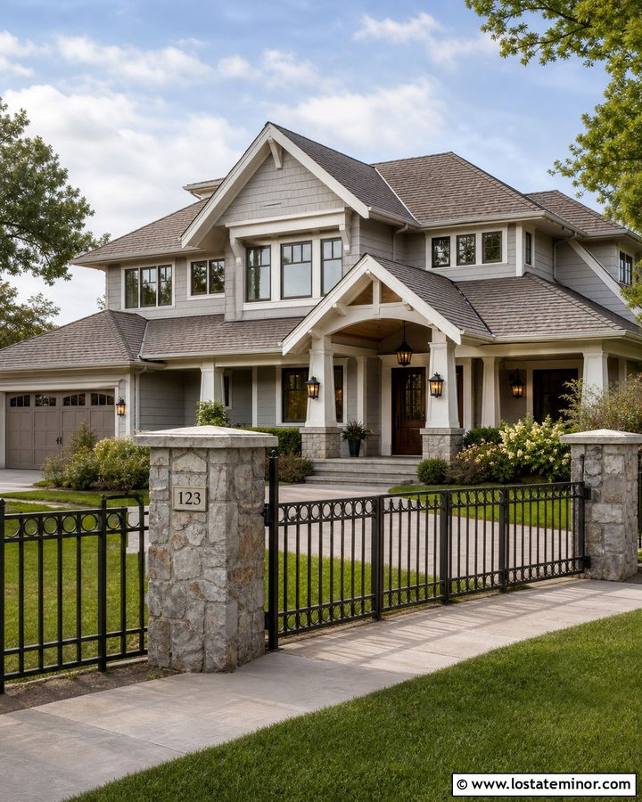 Dove Grey House With Bronze Metal Fence - 30 Dove Grey House Design With Fence Ideas