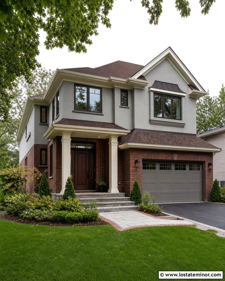 Dove Grey House With Bronze Windows And Brick - 30 Dove Grey House Design With Window Frames Ideas