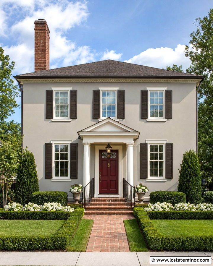 Dove Grey House With Burgundy Door And Red Brick Chimney - 30 Dove Grey House Design With Chimney Ideas