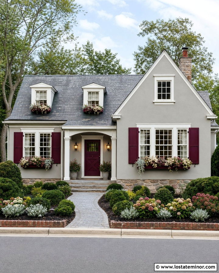 Dove Grey House With Burgundy Window Boxes - 30 Dove Grey House Design With Window Boxes Ideas