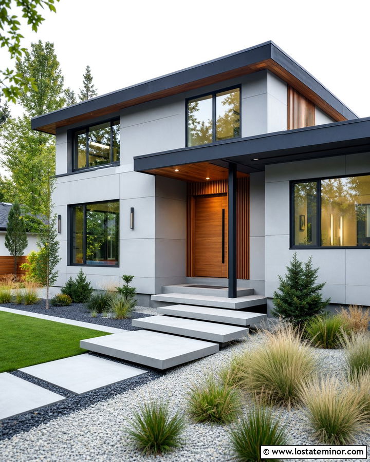 Dove Grey House With Cedar Accents And Floating Steps - 30 Dove Grey House Design With Steps Ideas