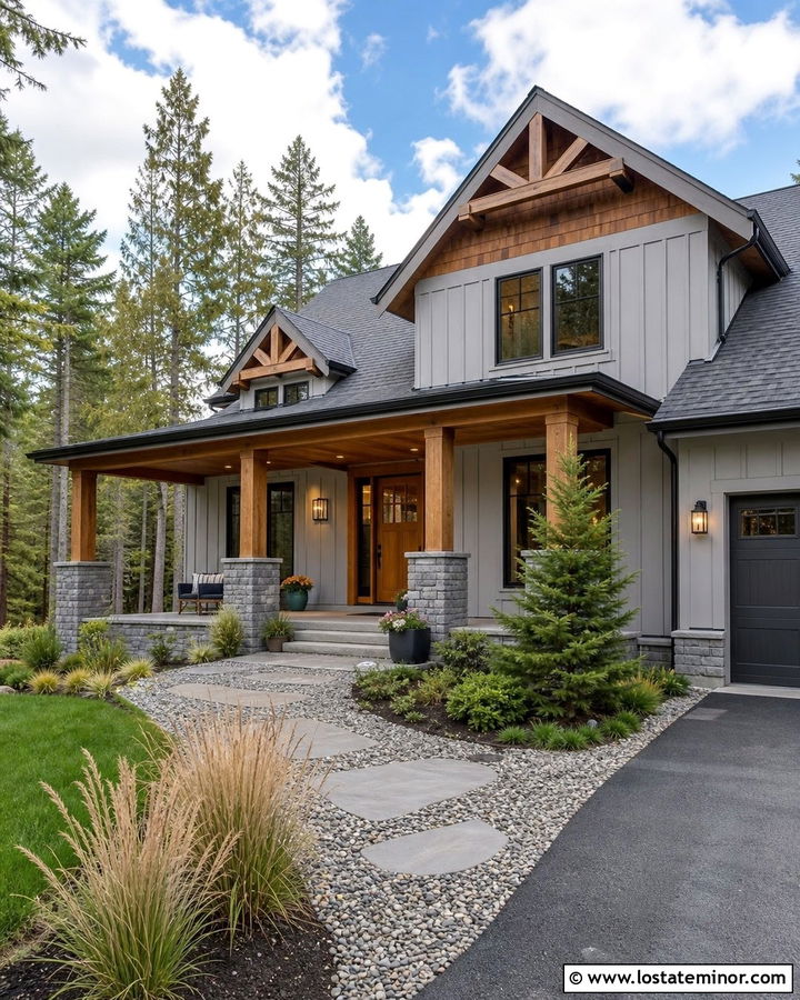 Dove Grey House With Cedar And Stone - 30 Dove Grey House Design With Stone Accents Ideas