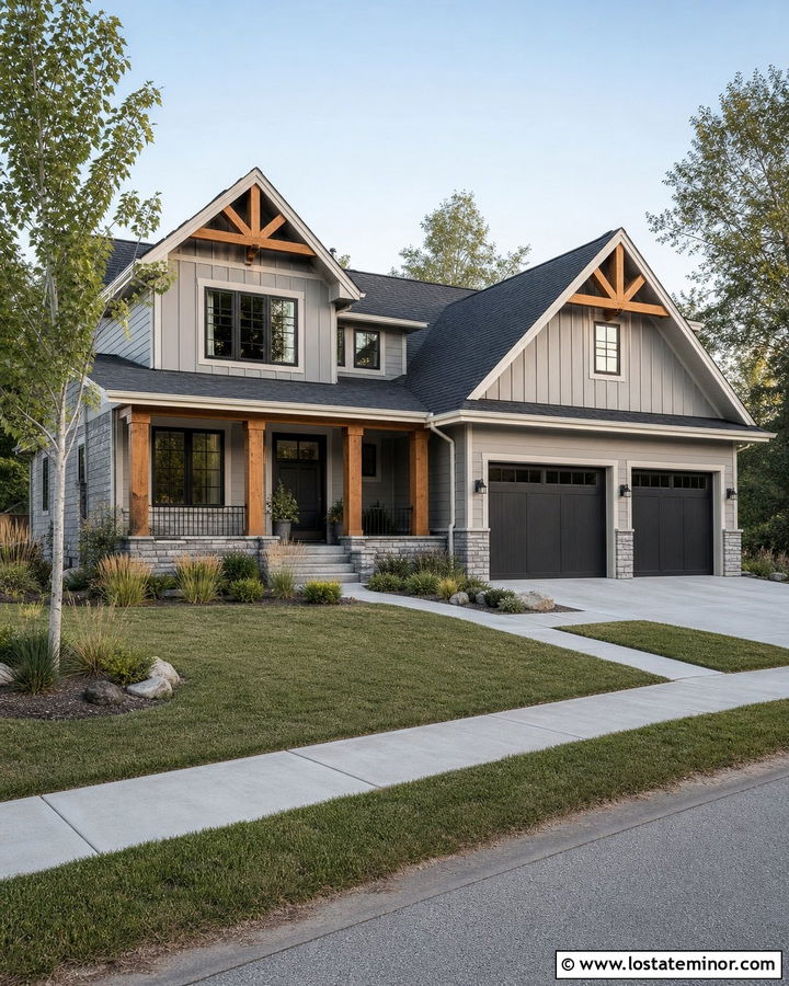 Dove Grey House With Cedar Gable Trusses - 30 Dove Grey House Design With Gables Ideas