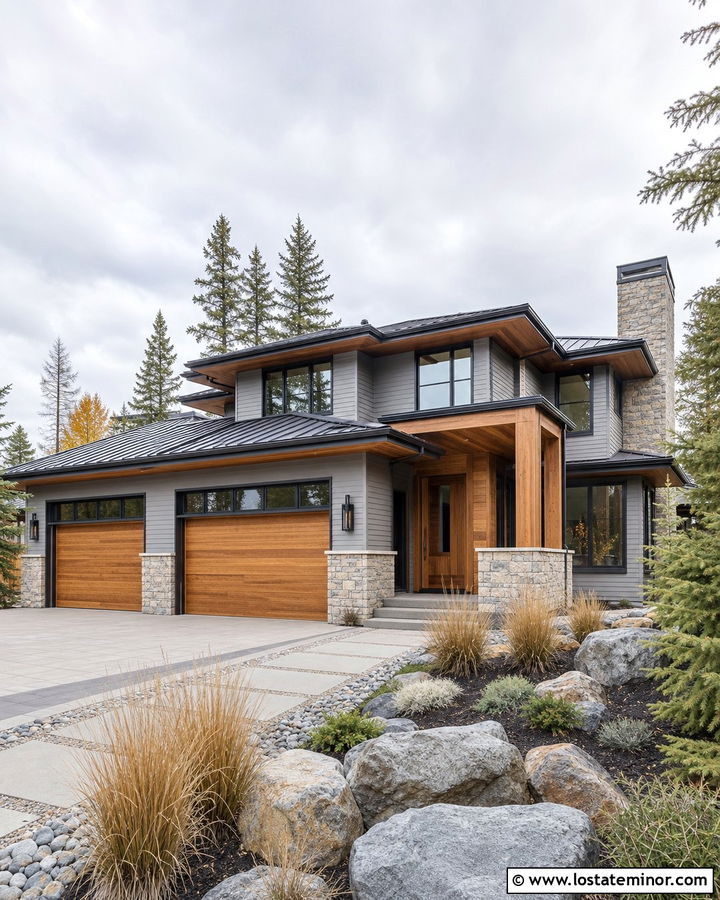 Dove Grey House With Cedar Garage Door - 30 Dove Grey House Design With Garage Door Ideas