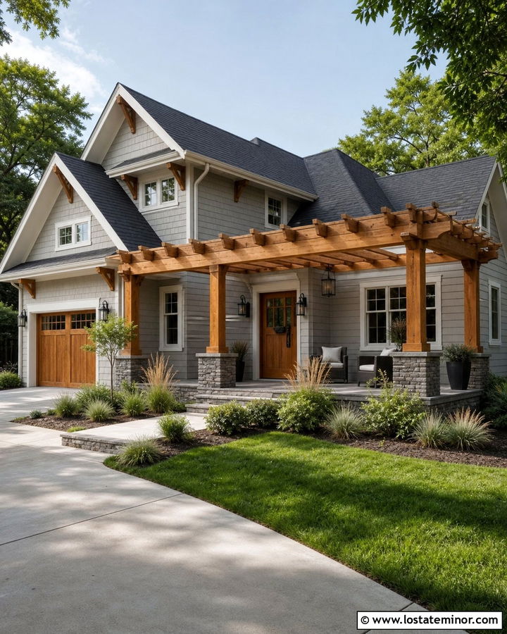 Dove Grey House With Cedar Pergola - 30 Dove Grey House Design With Pergola Ideas