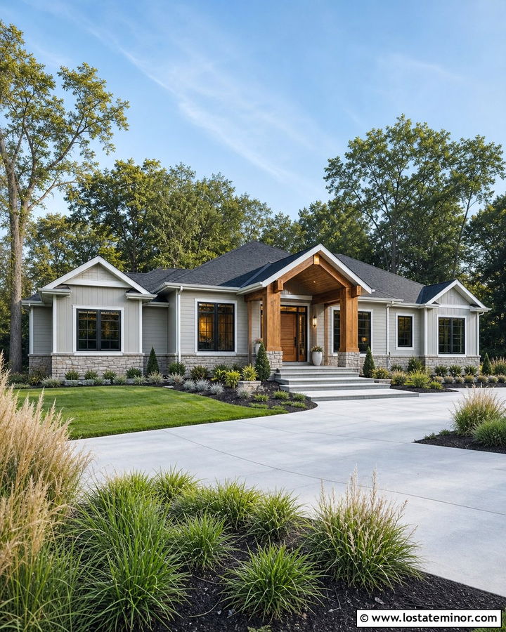 Dove Grey House With Cedar Porch Columns - 30 Dove Grey House Design With Shingles Ideas