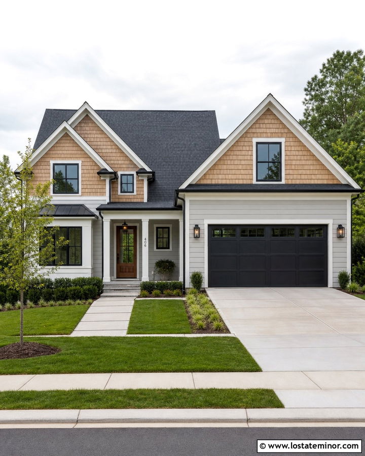 Dove Grey House With Cedar Shake And Black Garage - 30 Dove Grey House Design With Cedar Shake Ideas
