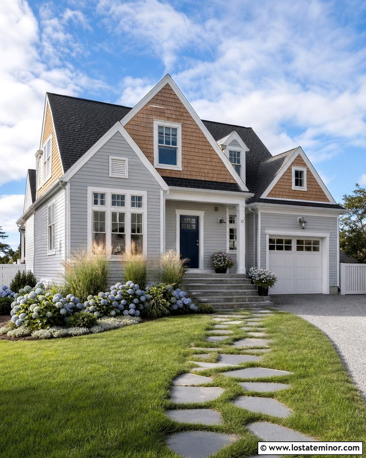 Dove Grey House With Cedar Shake And Navy Front Door - 30 Dove Grey House Design With Cedar Shake Ideas
