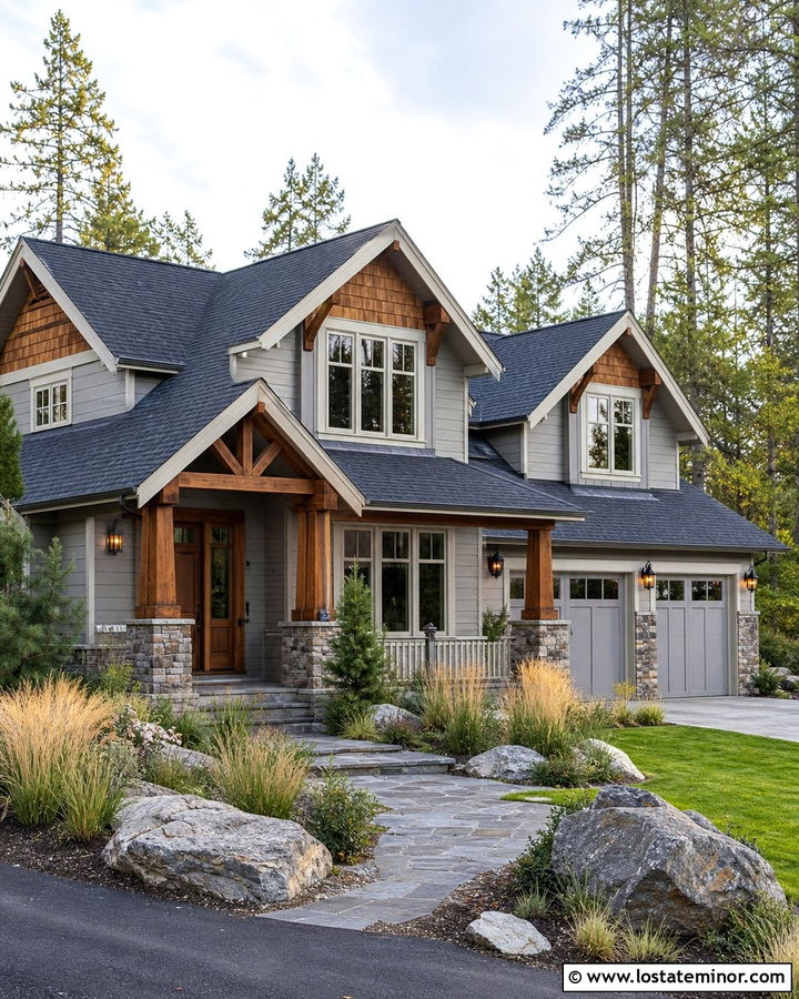 Dove Grey House With Cedar Shake And Timber Columns - 30 Dove Grey House Design With Cedar Shake Ideas