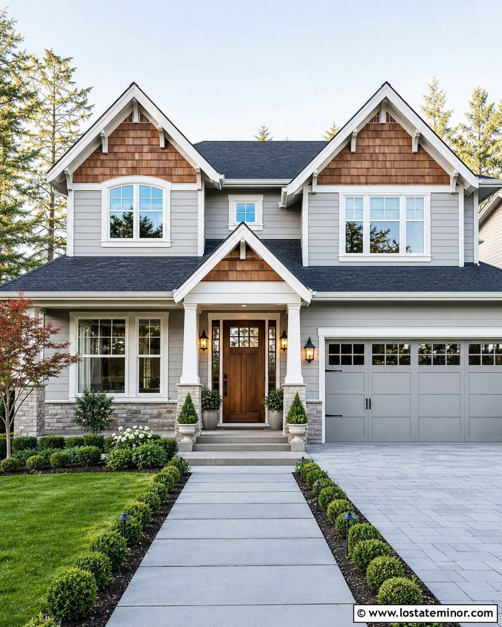 Dove Grey House With Cedar Shake And Wood Front Door - 30 Dove Grey House Design With Cedar Shake Ideas
