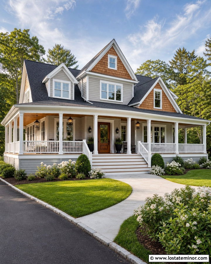 Dove Grey House With Cedar Shake Wraparound Porch - 30 Dove Grey House Design With Cedar Shake Ideas