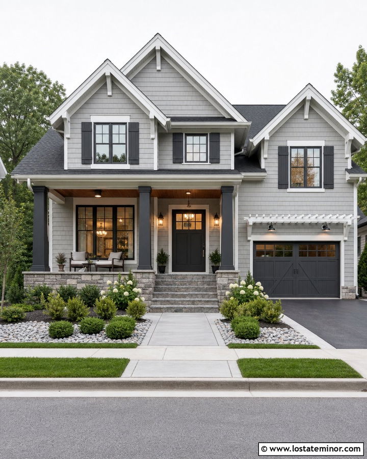 Dove Grey House With Charcoal Porch Columns - 30 Dove Grey House Design With Porch Columns Ideas