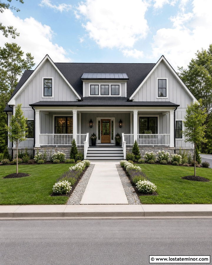 Dove Grey House With Charcoal Roof And Porch Steps - 30 Dove Grey House Design With Steps Ideas