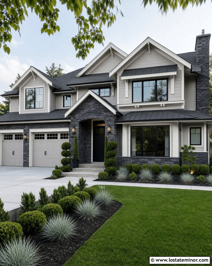 Dove Grey House With Charcoal Stone - 30 Dove Grey House Design With Stone Accents Ideas