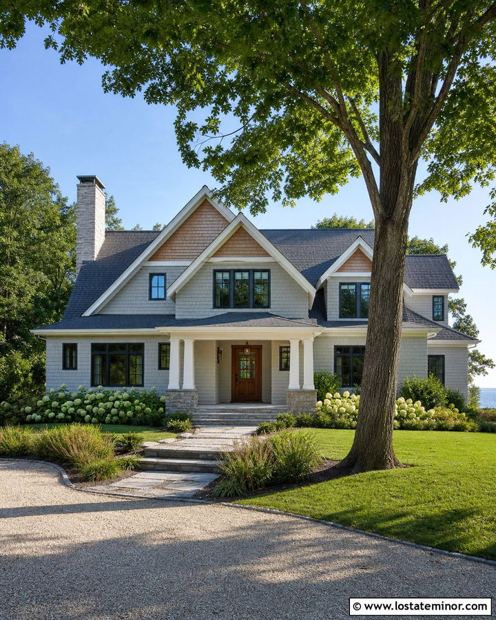 Dove Grey House With Charcoal Windows And Cedar Shingles - 30 Dove Grey House Design With Window Frames Ideas